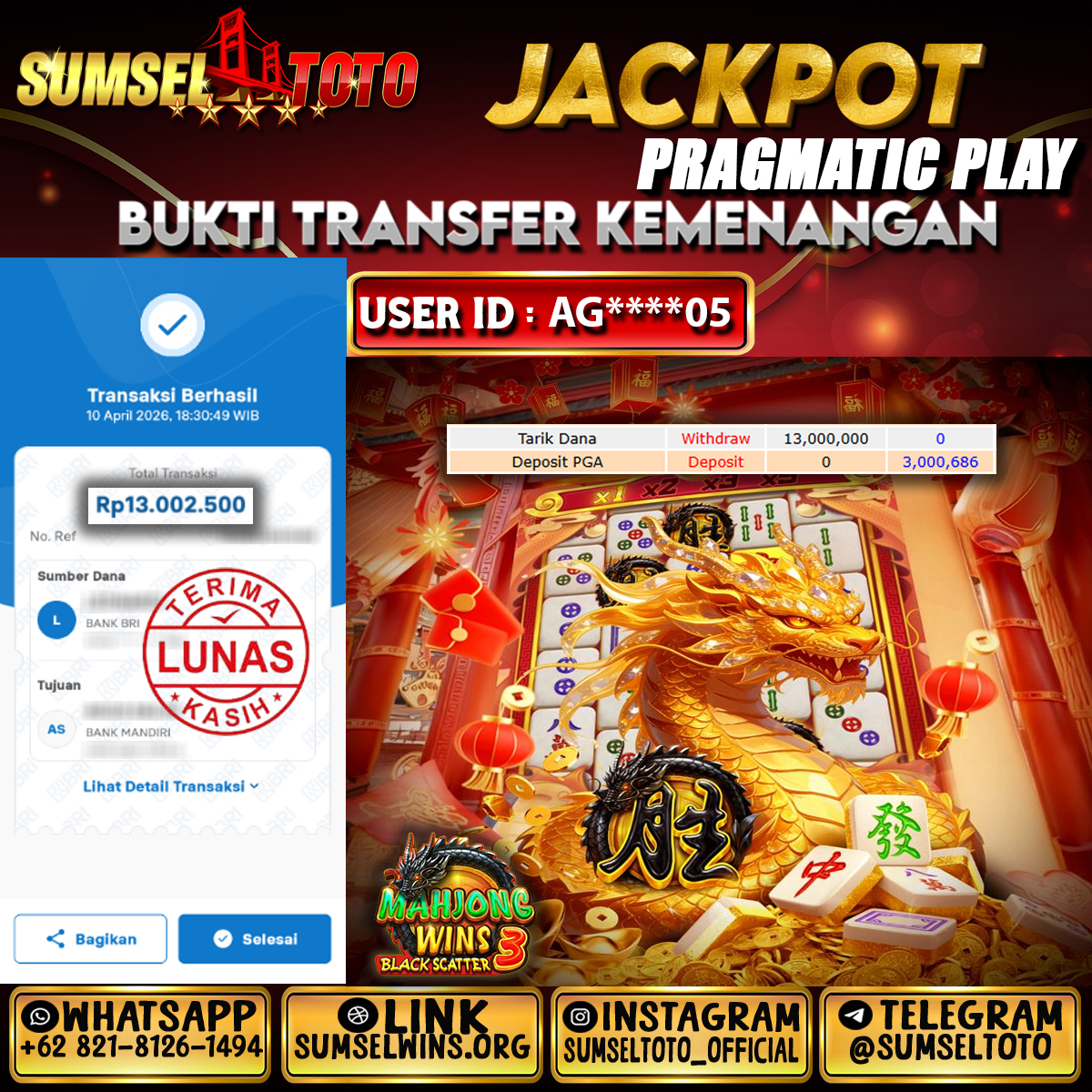 SUMSELTOTO JACKPOT MAHJONG WINS 3  Rp.13,000,000.,- LUNAS
